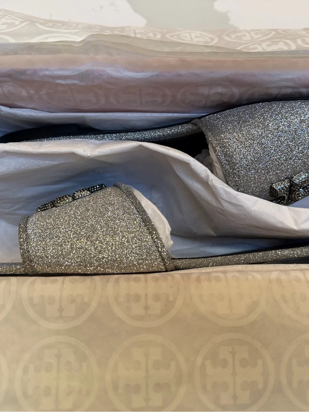 Tory Burch Silver Glitter Double-T Crystal Eleanor Slide Sandals - Picture 12 of 12